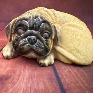 PUG DOG CHALKWARE FIGURINE CURLED UP WITH BIG SOULFUL LOOK - ADORABLE!